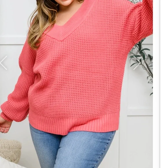 Zenana Outfitters Raspberry V-Neck Sweater - Picture 1 of 8